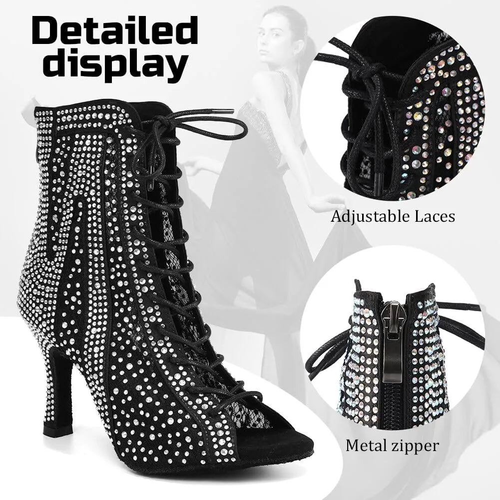 Rhinestone Ballroom Latin Dance Boots for Women Lace Up Open Toe with 3 1/3 Inch Heel