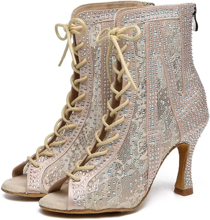 Rhinestone Ballroom Latin Dance Boots for Women Lace Up Open Toe with 3 1/3 Inch Heel