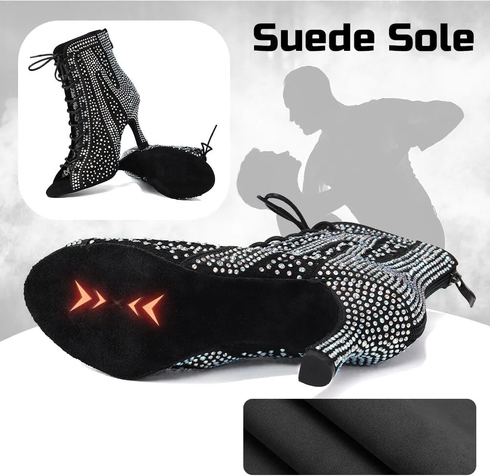 Rhinestone Ballroom Latin Dance Boots for Women Lace Up Open Toe with 3 1/3 Inch Heel