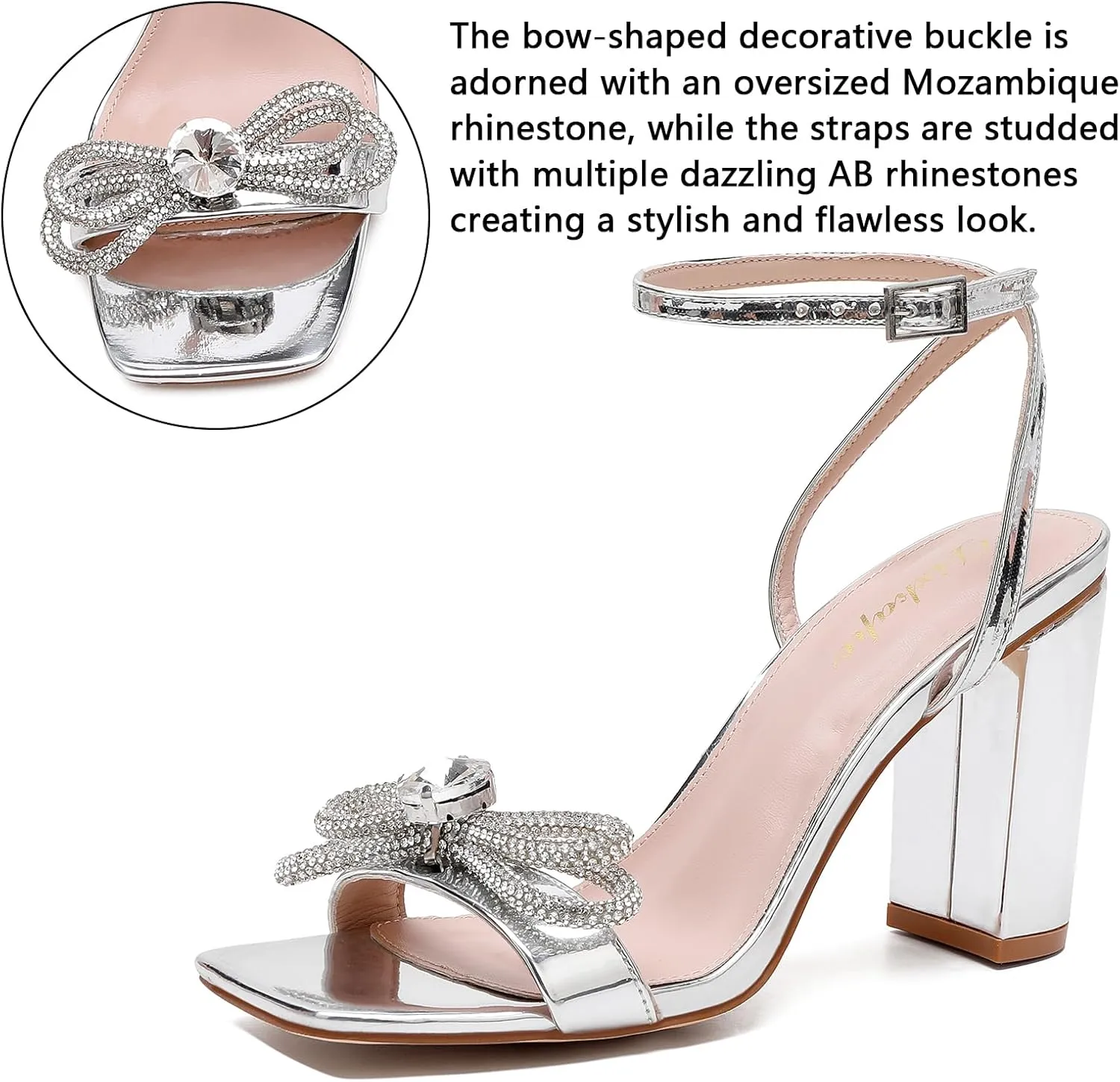 Rhinestone Heels for Women - Sparkling Bow Sandals Slingback Square Toe Chunky Block Heels for Party Wedding