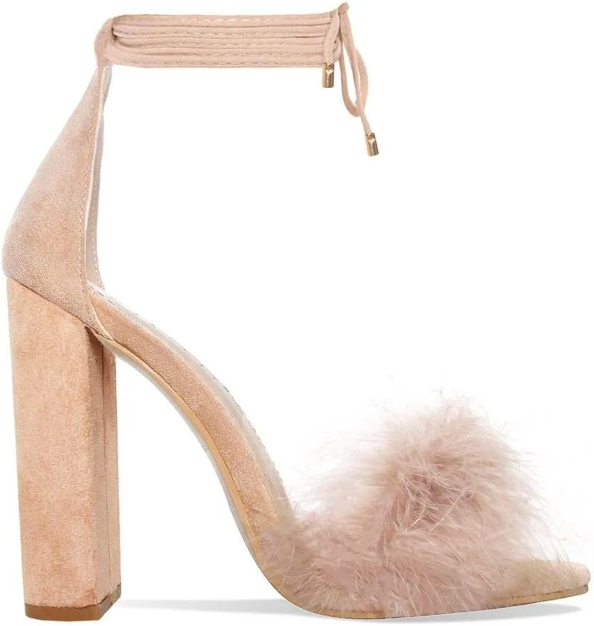 Richealnana Women's Fuzzy Cozy Strappy Open Toe Dress Artificial Feather Heeled Sandals
