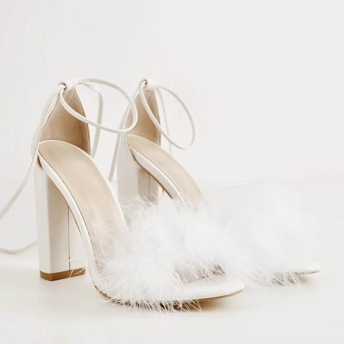 Richealnana Women's Fuzzy Cozy Strappy Open Toe Dress Artificial Feather Heeled Sandals