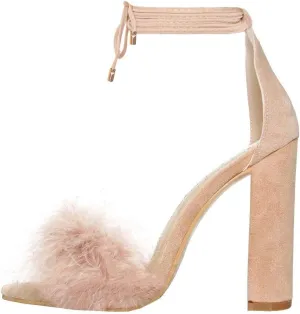 Richealnana Women's Fuzzy Cozy Strappy Open Toe Dress Artificial Feather Heeled Sandals