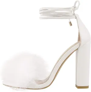Richealnana Women's Fuzzy Cozy Strappy Open Toe Dress Artificial Feather Heeled Sandals