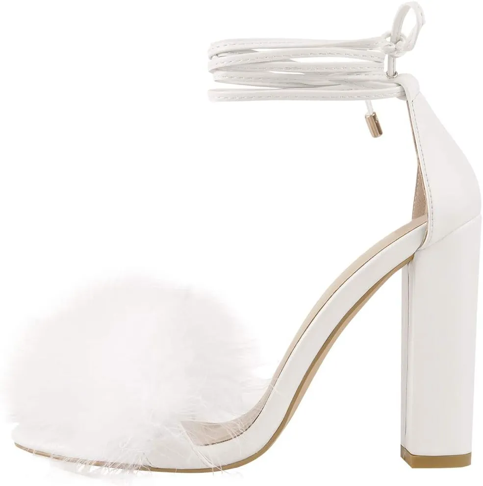 Richealnana Women's Fuzzy Cozy Strappy Open Toe Dress Artificial Feather Heeled Sandals