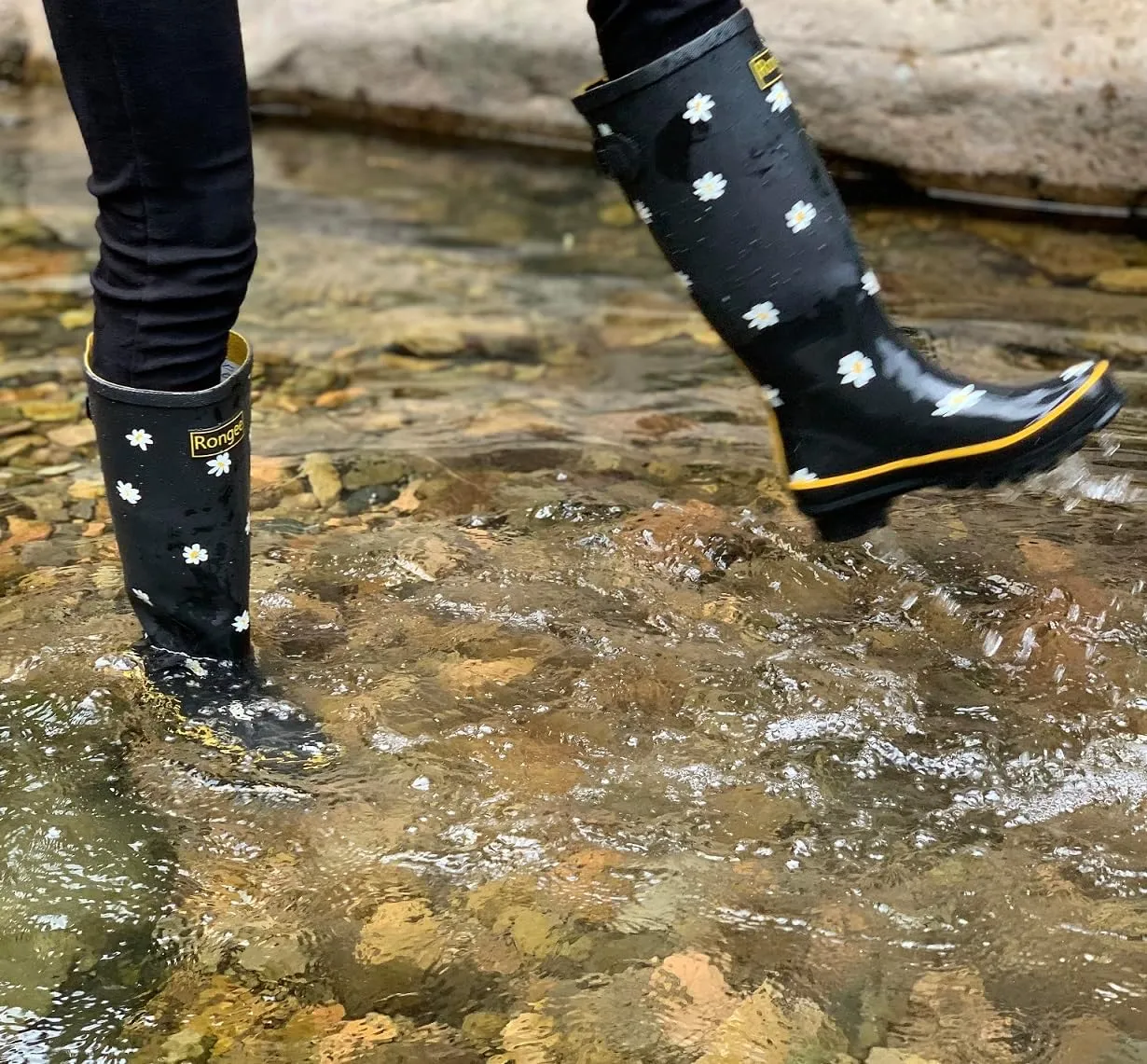 Rongee Rain Boots for Women Waterproof Floral Printed with Adjustable Buckle