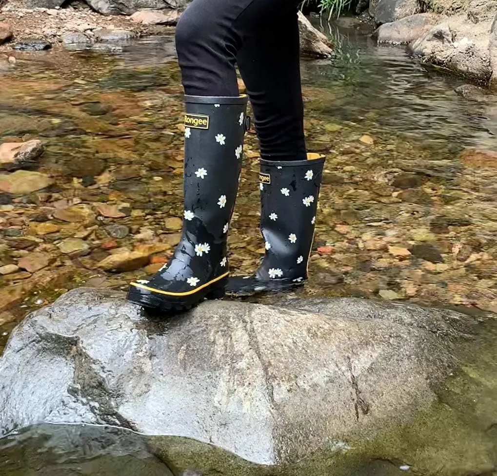 Rongee Rain Boots for Women Waterproof Floral Printed with Adjustable Buckle