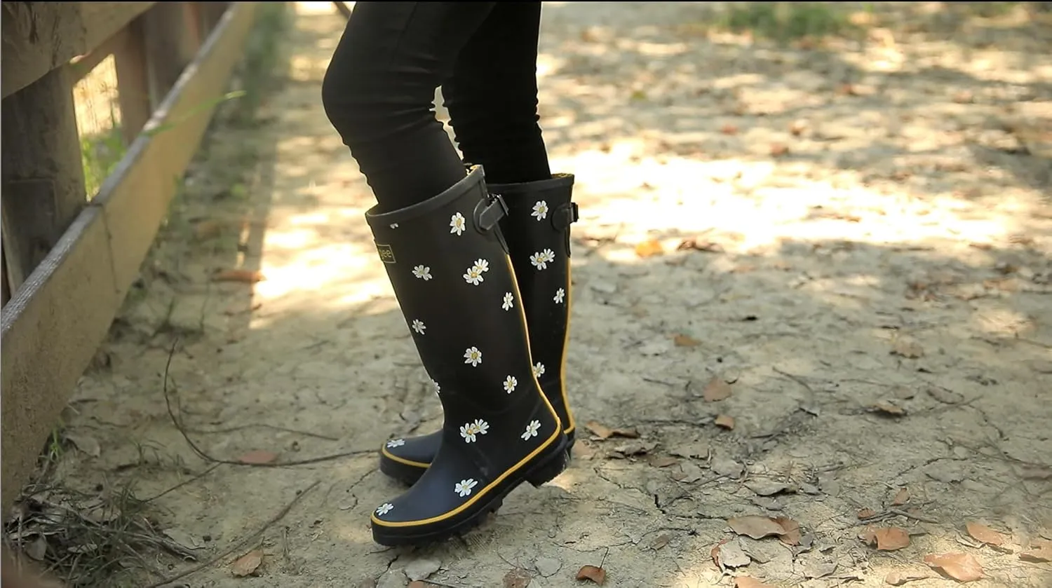 Rongee Rain Boots for Women Waterproof Floral Printed with Adjustable Buckle