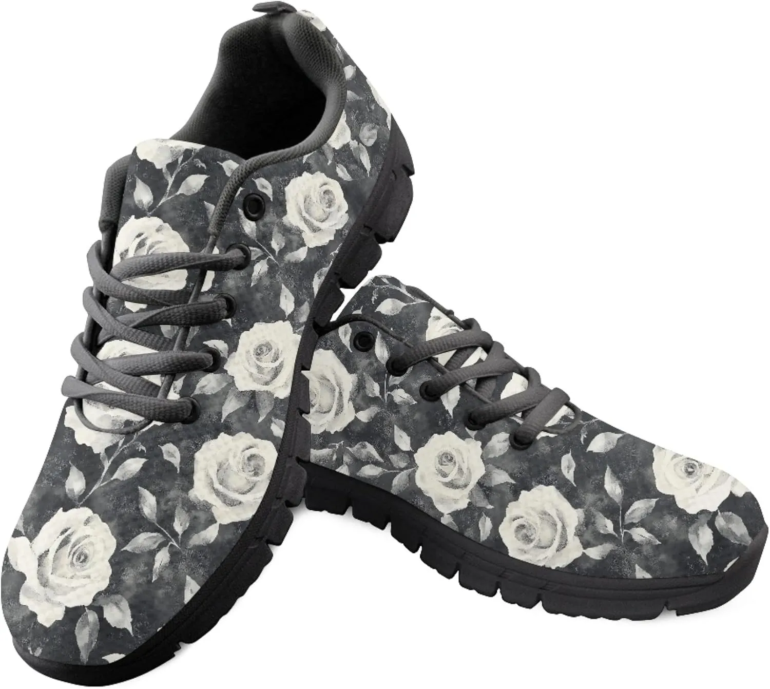 Rose Floral Garden Black Running Shoes for Women Teenage Girl Lacing Anti Skid Outdoor Trail Fashion Sneakers Size US 11