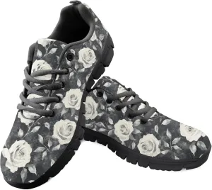 Rose Floral Garden Black Running Shoes for Women Teenage Girl Lacing Anti Skid Outdoor Trail Fashion Sneakers Size US 11