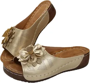 Rungion Womens Summer Beach Sandals Wedge Low Open Toe Slides Ladies Dressy Sandals Slipper Platform Comfortable Flower Sandals
