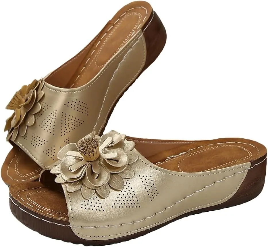 Rungion Womens Summer Beach Sandals Wedge Low Open Toe Slides Ladies Dressy Sandals Slipper Platform Comfortable Flower Sandals