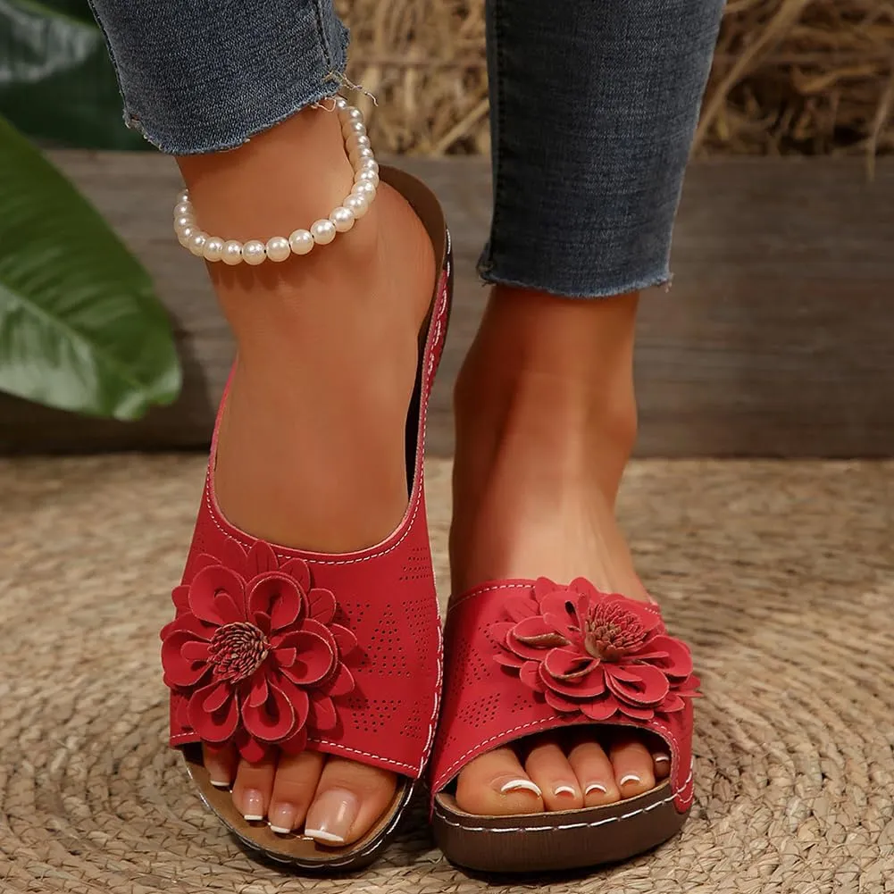 Rungion Womens Summer Beach Sandals Wedge Low Open Toe Slides Ladies Dressy Sandals Slipper Platform Comfortable Flower Sandals