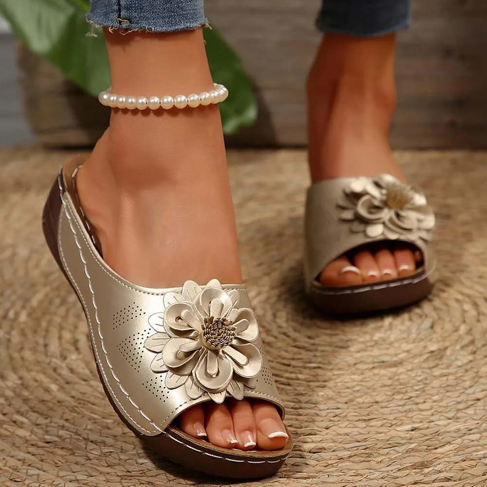 Rungion Womens Summer Beach Sandals Wedge Low Open Toe Slides Ladies Dressy Sandals Slipper Platform Comfortable Flower Sandals