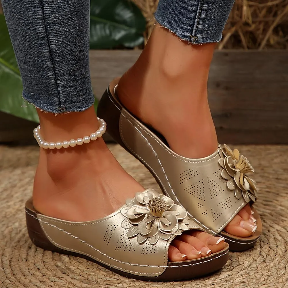 Rungion Womens Summer Beach Sandals Wedge Low Open Toe Slides Ladies Dressy Sandals Slipper Platform Comfortable Flower Sandals