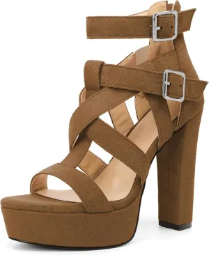 SAMMITOP Women's High Heel Sandals Chunky Block Platform Heels Strappy Gladiator Sexy Open Toe Ankle Strap Dressy Pumps Shoes with Back Zip 4.7 Inch