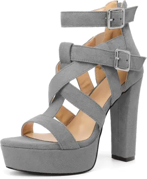 SAMMITOP Women's High Heel Sandals Chunky Block Platform Heels Strappy Gladiator Sexy Open Toe Ankle Strap Dressy Pumps Shoes with Back Zip 4.7 Inch