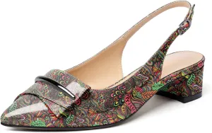 SAMMITOP Women's Slingback Pointed Toe Block Chunky Low Heel Pumps Shoes with Buckle for Office Dress