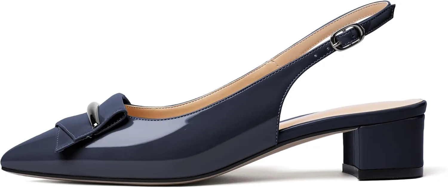 SAMMITOP Women's Slingback Pointed Toe Block Chunky Low Heel Pumps Shoes with Buckle for Office Dress