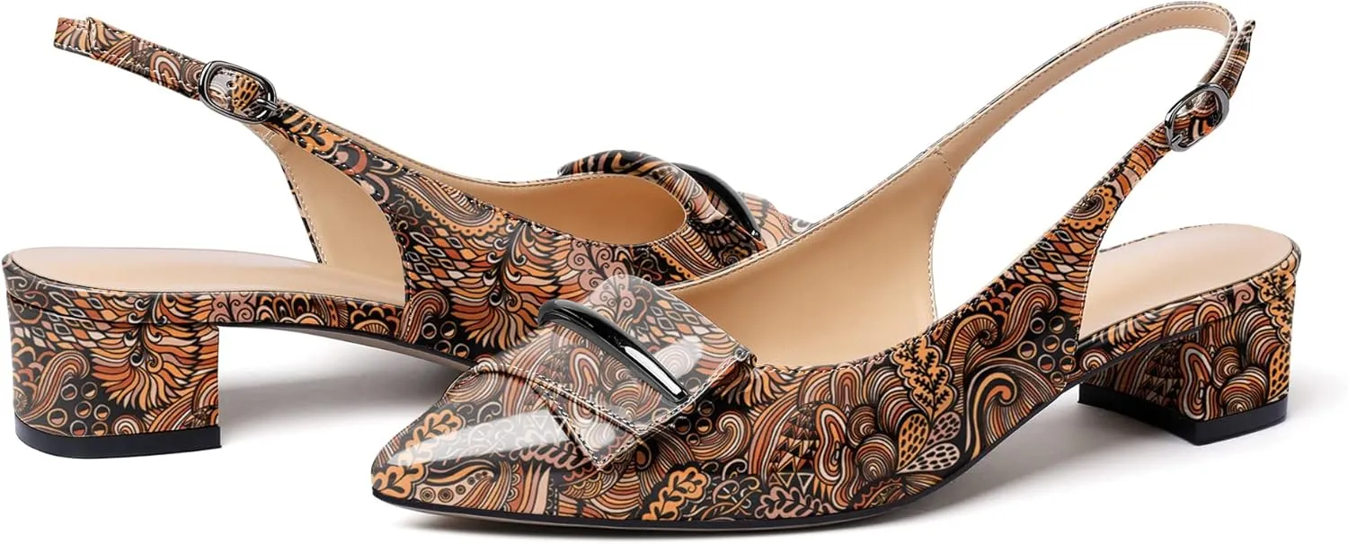 SAMMITOP Women's Slingback Pointed Toe Block Chunky Low Heel Pumps Shoes with Buckle for Office Dress