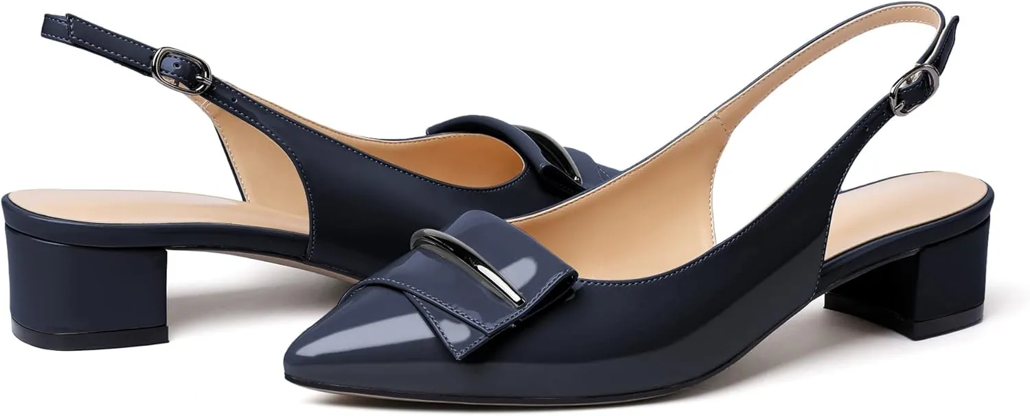 SAMMITOP Women's Slingback Pointed Toe Block Chunky Low Heel Pumps Shoes with Buckle for Office Dress