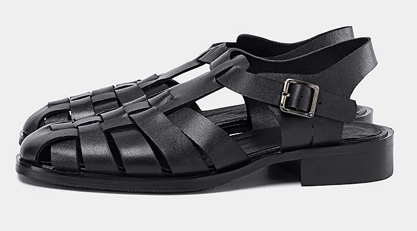 Santimon Mens Sandals Black Dress Slippers Handwoven Cowhide Leather Casual Shoes for Men Summer Beach Closed Toe Sandals Stylish Comfortable Non-Slip Shoes