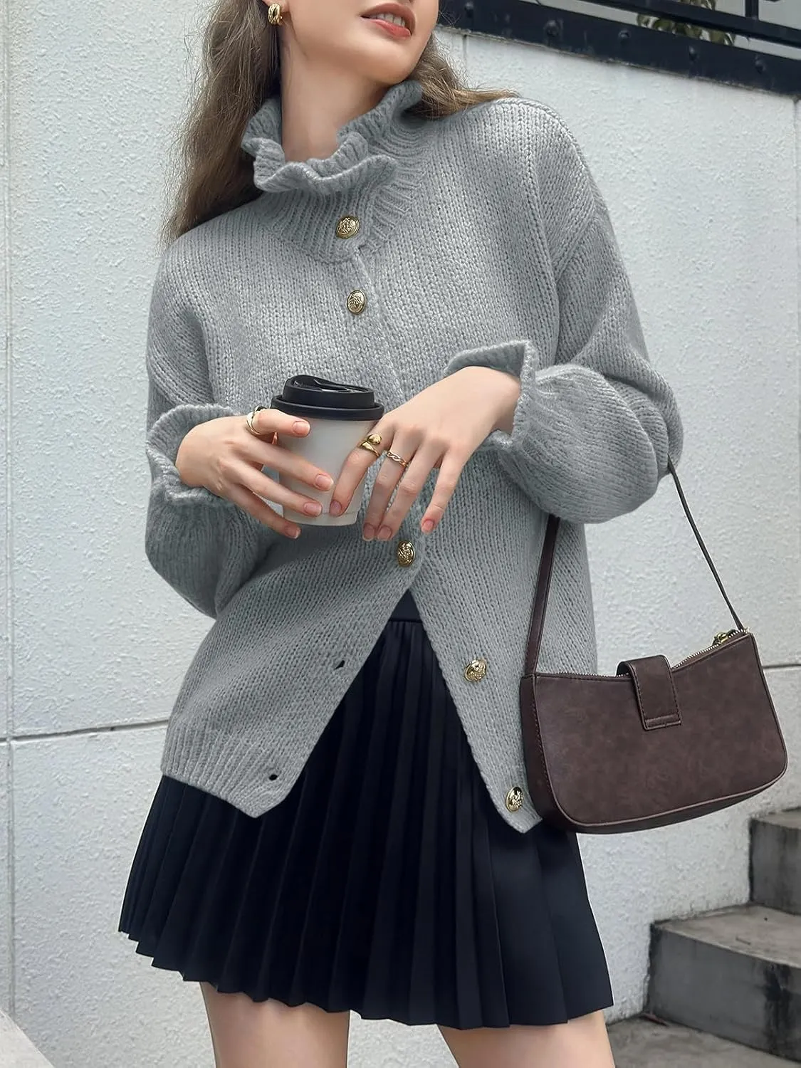 Saodimallsu Womens Ruffle Cardigan Oversized Button Up Fall Trendy Ribbed Knit Open Front Long Sleeve Loose Cute Sweater