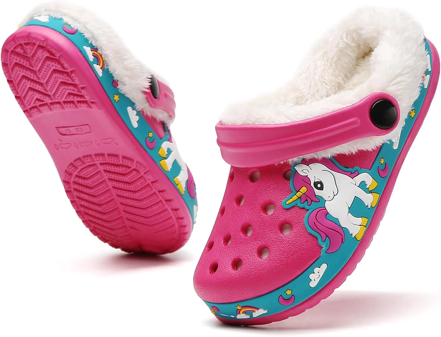 SECHRITE Kids Fur Lined Clogs Garden Shoes for Boys Girls Toddler Cartoon Sandals with Removable Fleece Lined Winter Warm Indoor Outdoor Home Slippers Non-Slip Sole