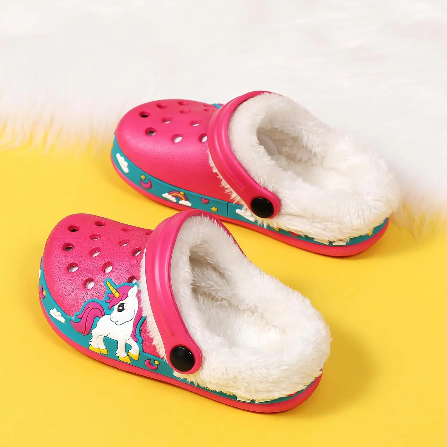 SECHRITE Kids Fur Lined Clogs Garden Shoes for Boys Girls Toddler Cartoon Sandals with Removable Fleece Lined Winter Warm Indoor Outdoor Home Slippers Non-Slip Sole