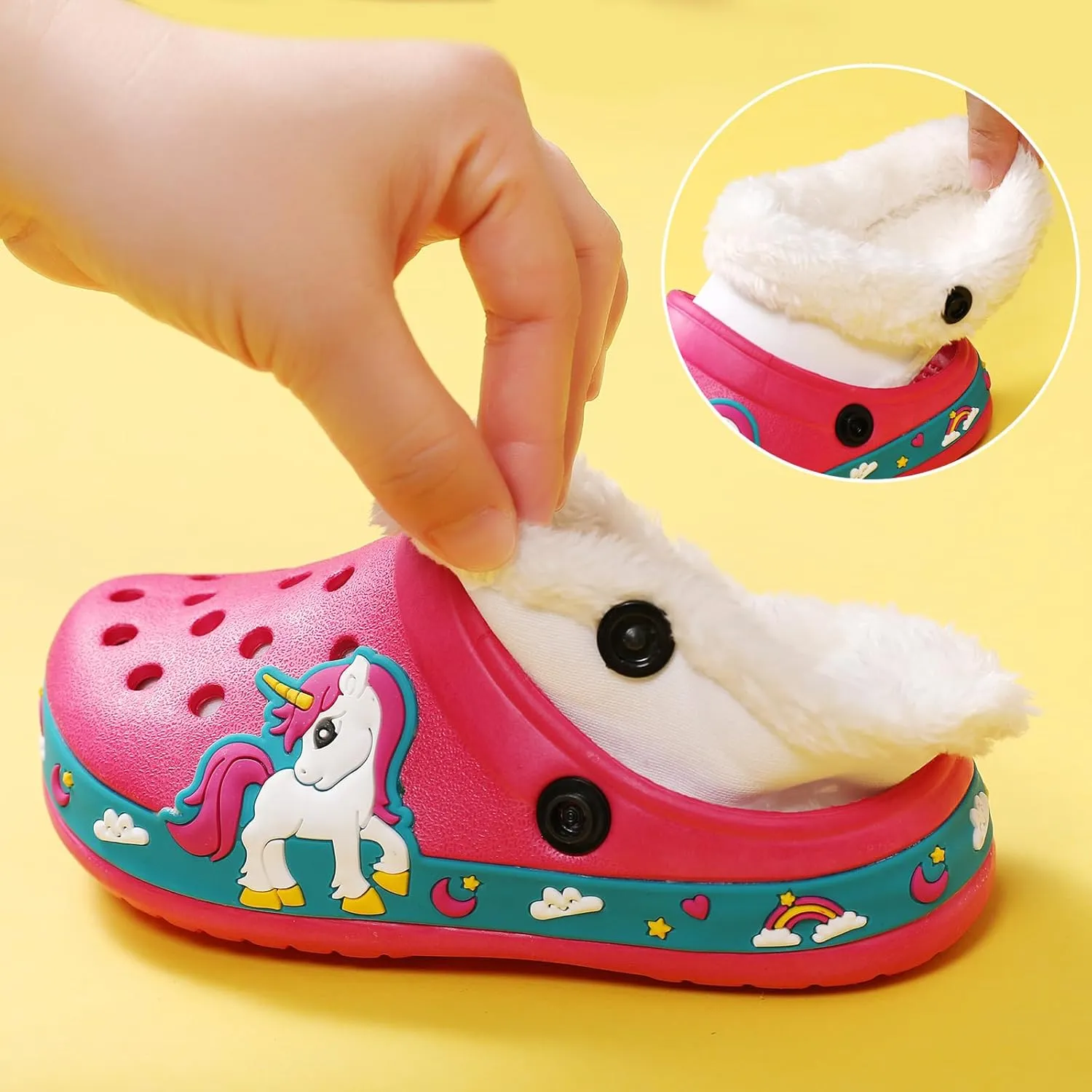 SECHRITE Kids Fur Lined Clogs Garden Shoes for Boys Girls Toddler Cartoon Sandals with Removable Fleece Lined Winter Warm Indoor Outdoor Home Slippers Non-Slip Sole