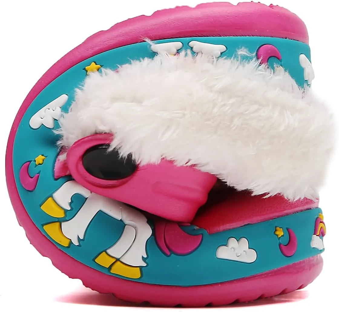 SECHRITE Kids Fur Lined Clogs Garden Shoes for Boys Girls Toddler Cartoon Sandals with Removable Fleece Lined Winter Warm Indoor Outdoor Home Slippers Non-Slip Sole