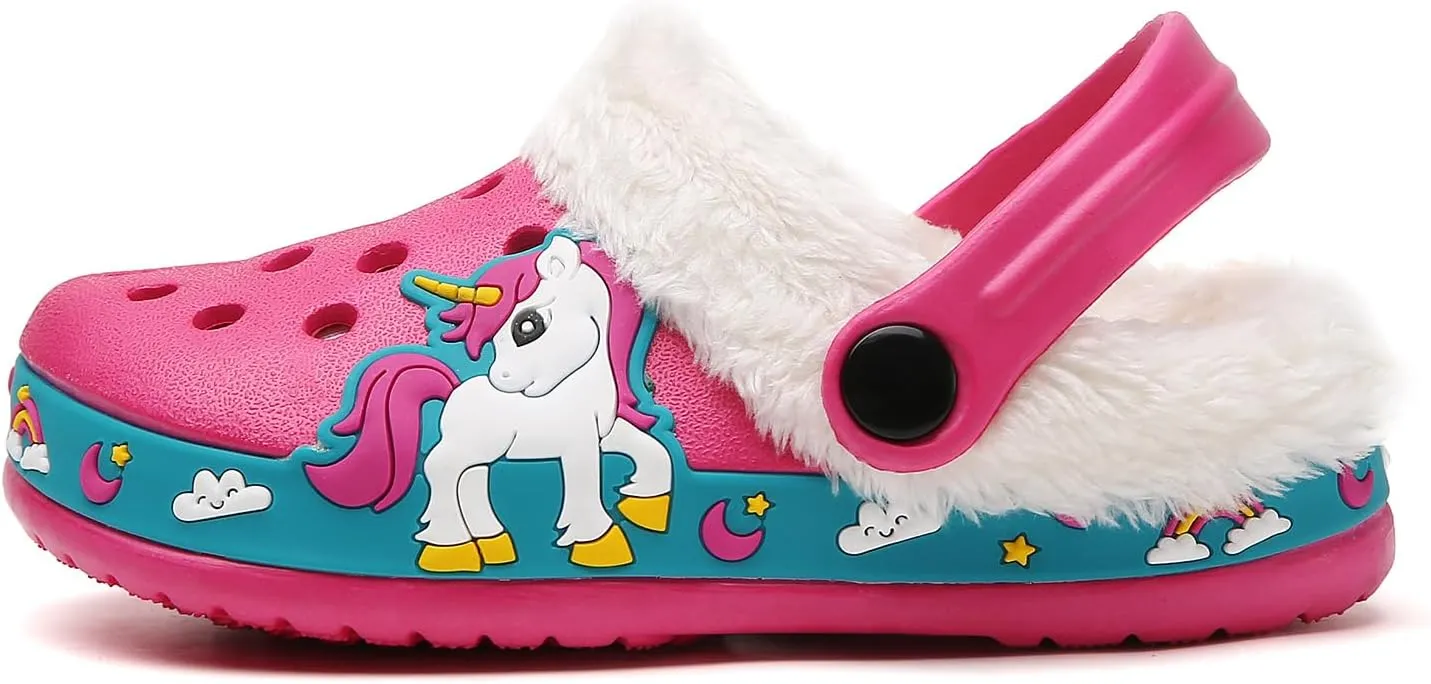 SECHRITE Kids Fur Lined Clogs Garden Shoes for Boys Girls Toddler Cartoon Sandals with Removable Fleece Lined Winter Warm Indoor Outdoor Home Slippers Non-Slip Sole