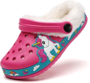 SECHRITE Kids Fur Lined Clogs Garden Shoes for Boys Girls Toddler Cartoon Sandals with Removable Fleece Lined Winter Warm Indoor Outdoor Home Slippers Non-Slip Sole