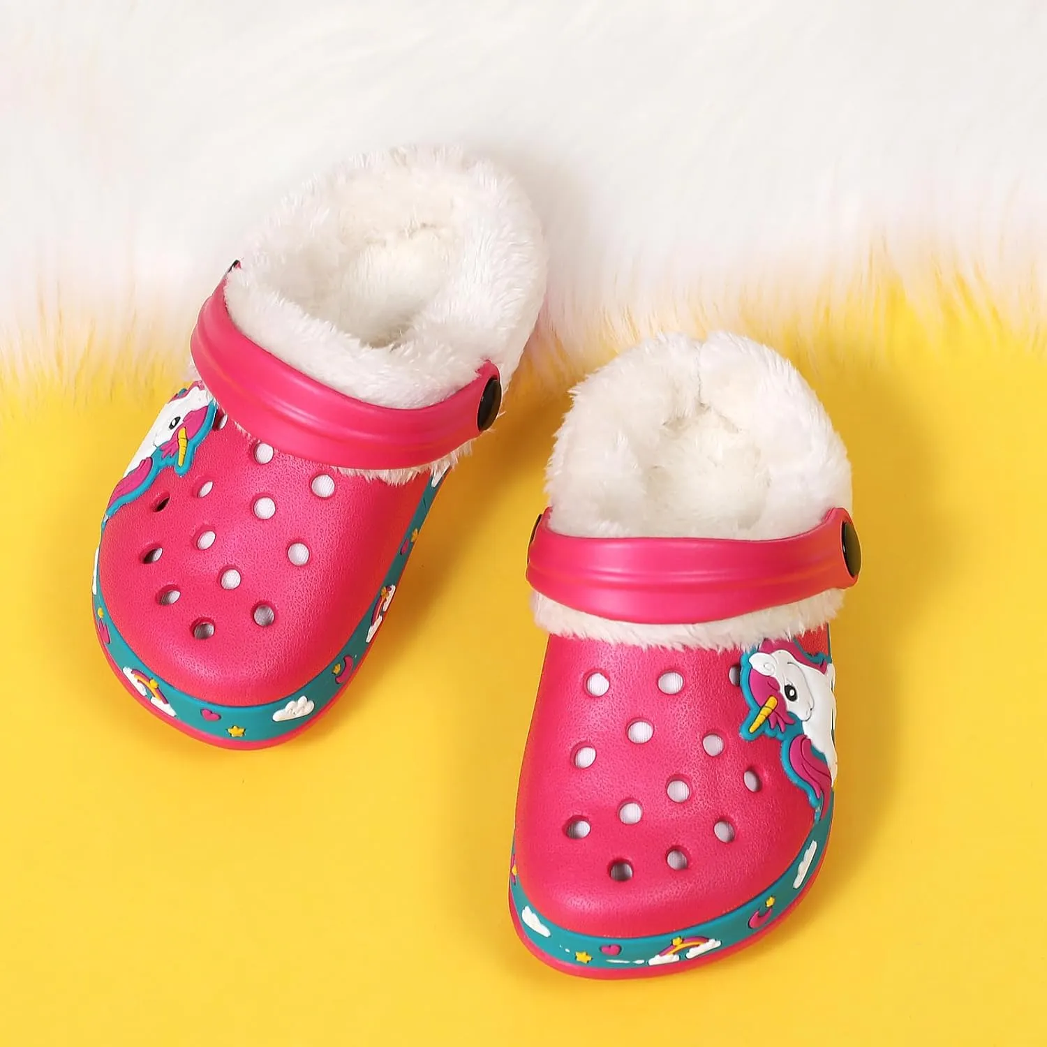 SECHRITE Kids Fur Lined Clogs Garden Shoes for Boys Girls Toddler Cartoon Sandals with Removable Fleece Lined Winter Warm Indoor Outdoor Home Slippers Non-Slip Sole