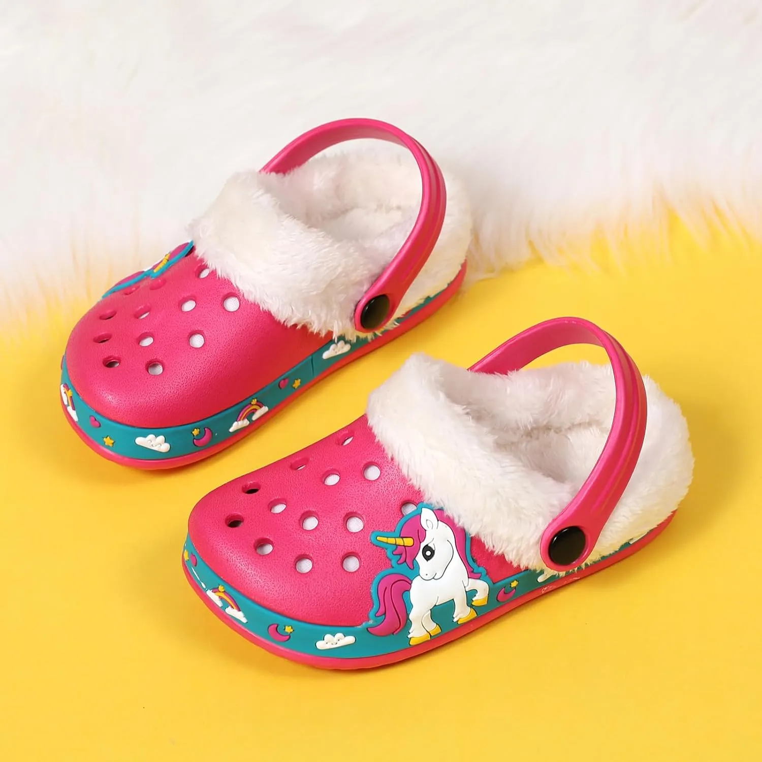 SECHRITE Kids Fur Lined Clogs Garden Shoes for Boys Girls Toddler Cartoon Sandals with Removable Fleece Lined Winter Warm Indoor Outdoor Home Slippers Non-Slip Sole