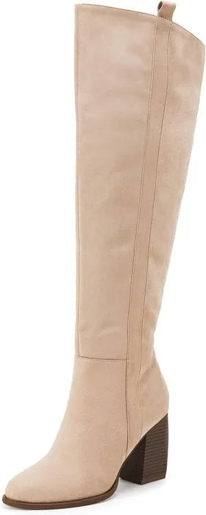 SERAIH Womens Over The Knee Thigh High Boots Faux Suede Pointed Toe Side Zipper Chunky Block Heel Stretch Boots