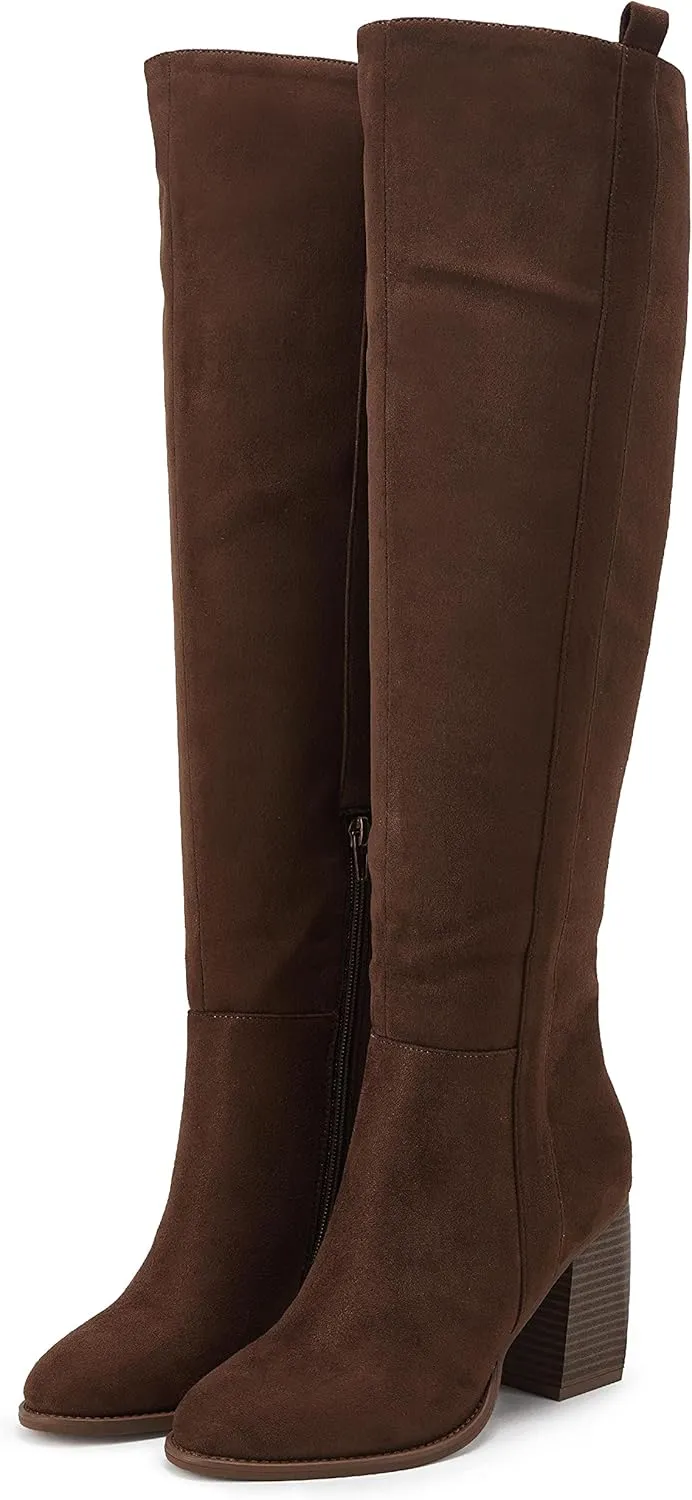 SERAIH Womens Over The Knee Thigh High Boots Faux Suede Pointed Toe Side Zipper Chunky Block Heel Stretch Boots
