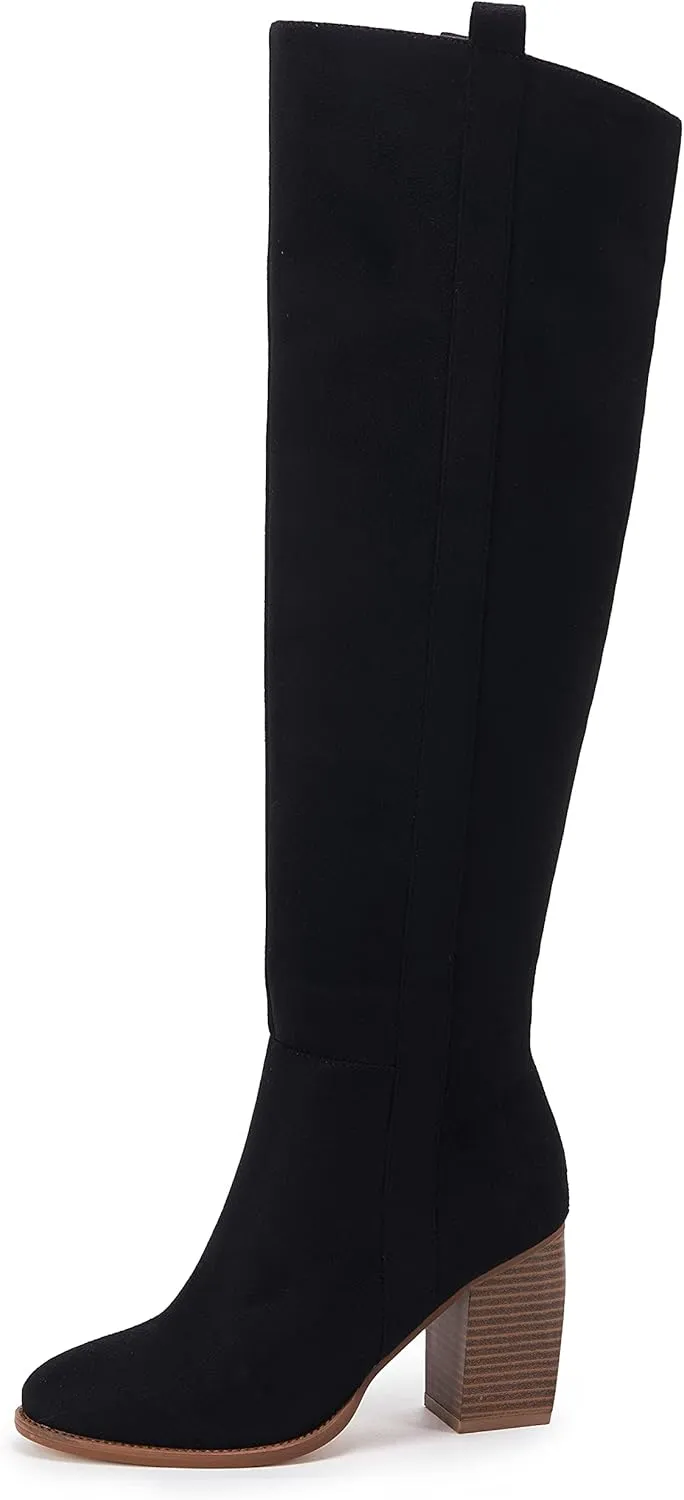 SERAIH Womens Over The Knee Thigh High Boots Faux Suede Pointed Toe Side Zipper Chunky Block Heel Stretch Boots
