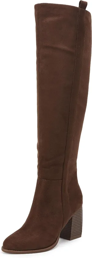 SERAIH Womens Over The Knee Thigh High Boots Faux Suede Pointed Toe Side Zipper Chunky Block Heel Stretch Boots