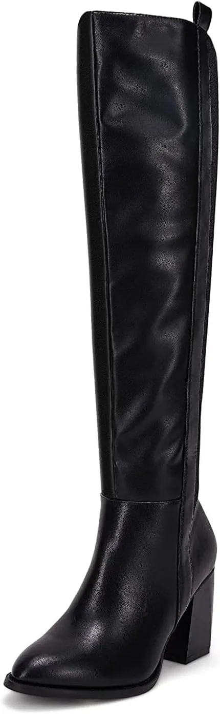 SERAIH Womens Over The Knee Thigh High Boots Faux Suede Pointed Toe Side Zipper Chunky Block Heel Stretch Boots