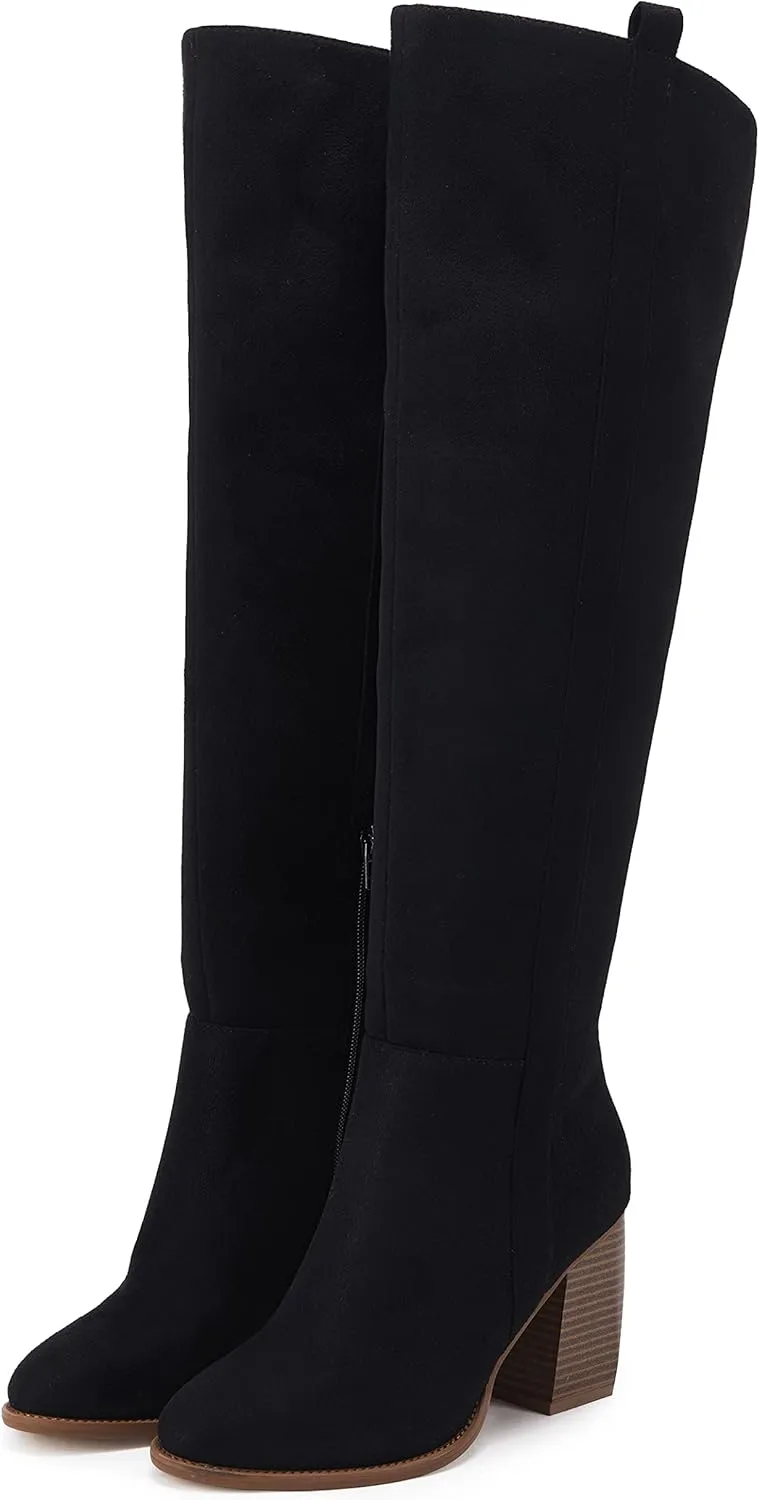SERAIH Womens Over The Knee Thigh High Boots Faux Suede Pointed Toe Side Zipper Chunky Block Heel Stretch Boots
