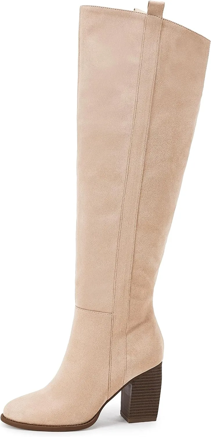 SERAIH Womens Over The Knee Thigh High Boots Faux Suede Pointed Toe Side Zipper Chunky Block Heel Stretch Boots