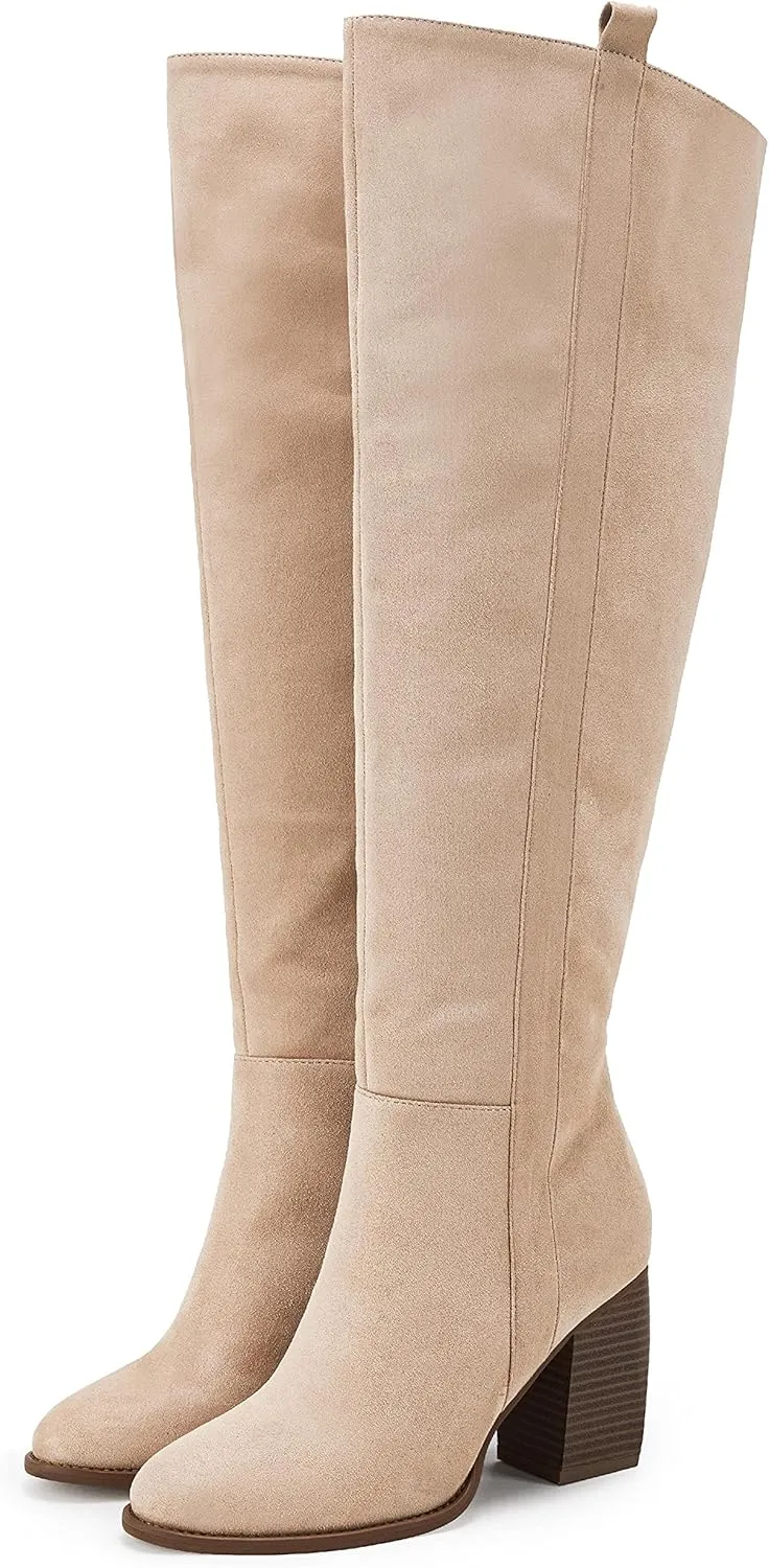 SERAIH Womens Over The Knee Thigh High Boots Faux Suede Pointed Toe Side Zipper Chunky Block Heel Stretch Boots