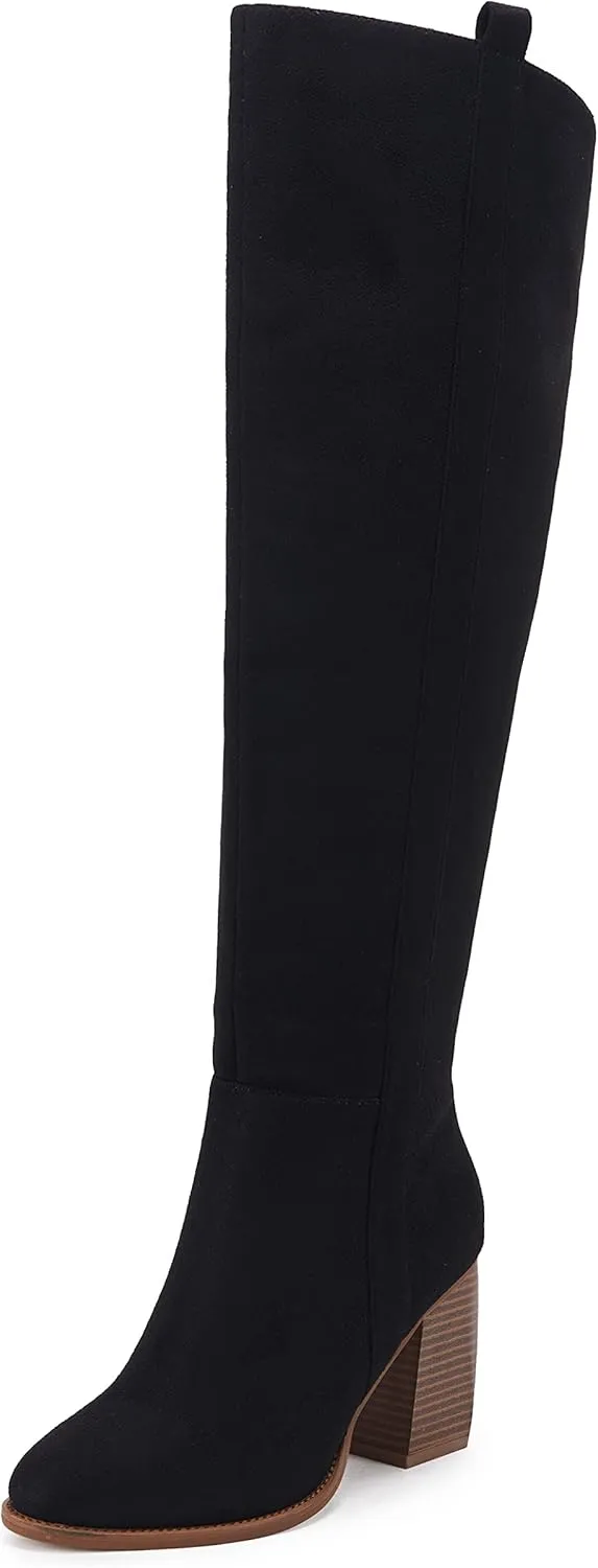 SERAIH Womens Over The Knee Thigh High Boots Faux Suede Pointed Toe Side Zipper Chunky Block Heel Stretch Boots