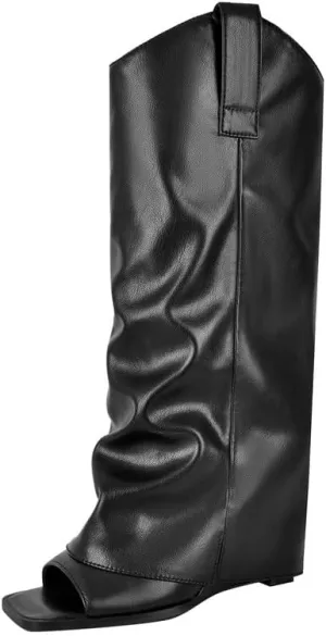 sexytag Women's Open Toe Denim Boots Distressed Wedge Heel Wash Jean Boots