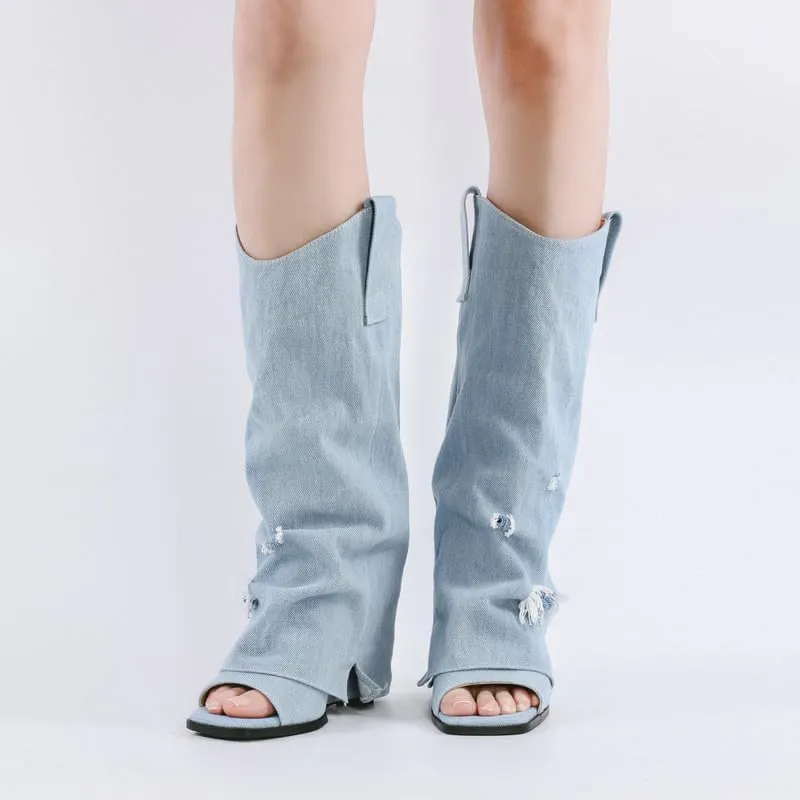 sexytag Women's Open Toe Denim Boots Distressed Wedge Heel Wash Jean Boots
