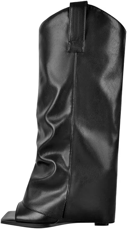 sexytag Women's Open Toe Denim Boots Distressed Wedge Heel Wash Jean Boots