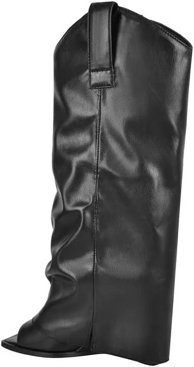 sexytag Women's Open Toe Denim Boots Distressed Wedge Heel Wash Jean Boots
