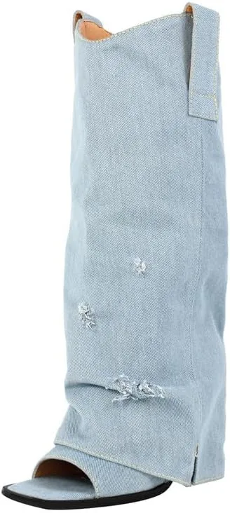sexytag Women's Open Toe Denim Boots Distressed Wedge Heel Wash Jean Boots