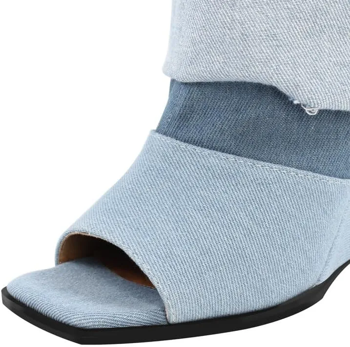 sexytag Women's Open Toe Denim Boots Distressed Wedge Heel Wash Jean Boots